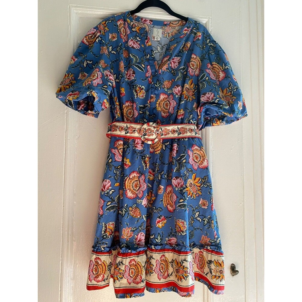 Joie Peasant Woven Boho Mini Dress Baja Floral Blue Orange Belt Size 16 Pockets